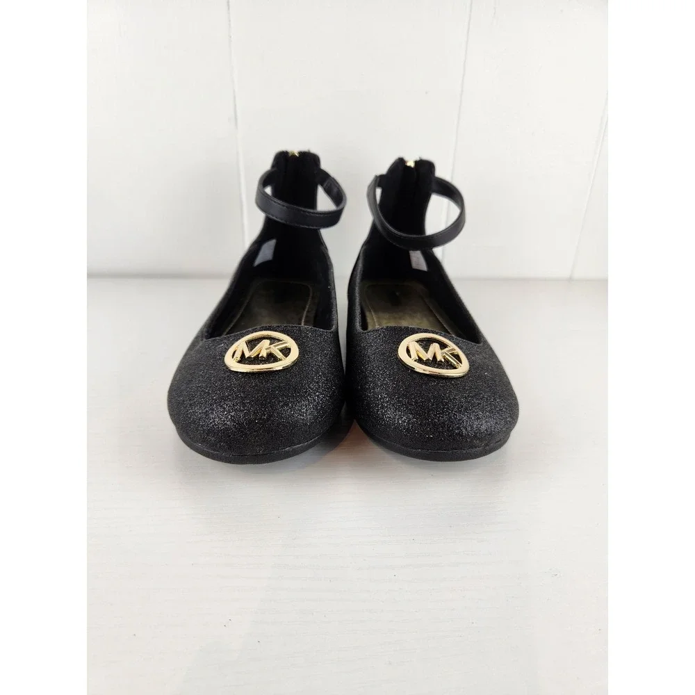 Michael Kors Girls Black Glitter Ankle Strap Ballet Flats MK100868C Size 5